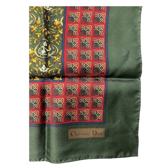 CHRISTIAN DIOR: Multicolor, 100% Silk Logo Scarf 17" x 17". #1326 - Picture 3 of 6